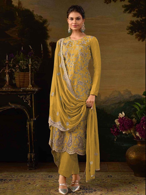 Light Mustard Heavy Silk Designer Salwar Kameez